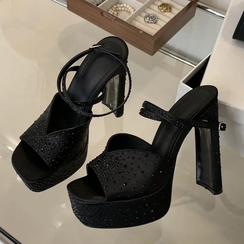 Eilyken Design Crystal Square Toe Woman Sandals Sexy High Heels Ankle Buckle Strap Party Banquet Shoes Zapatos De Mujer