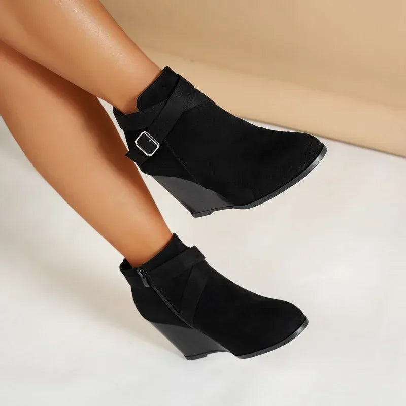 Suede Side Zip Ankle Wedge Boots