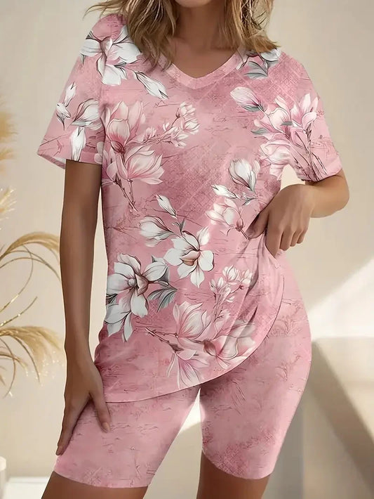 Plus Size 1XL-5XL Women Fashion Floral Print Two Piece Set Outfit Ladies Casual Short Sleeve Crew Neck T-Shirt & Shorts Outfit