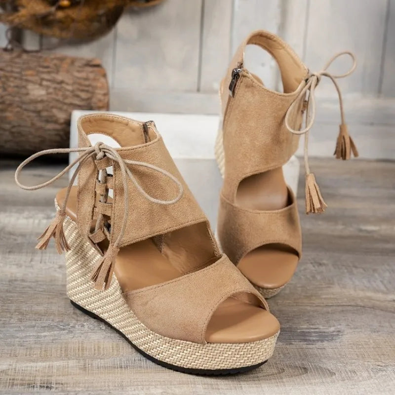Summer Khaki Suede Leather Women's Thicken High Heels Hollow Out Sandals Sexy Elegant Platform Wedges Open Toe Ladies Shoes