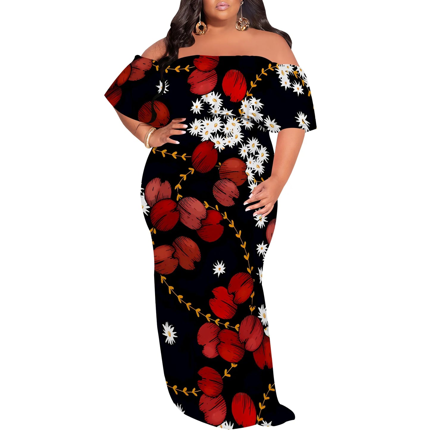 Plus Size Elegant Off Shoulder Dress for Women Blue Floral Print Summer Holiday Look