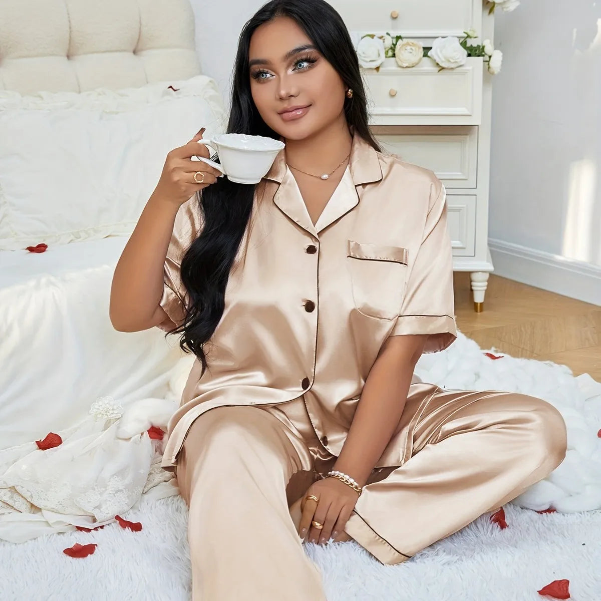 Plus Size 3XL 4XL 5XL Women's Sleepwear Pajamas Set Spring Summer Short Sleeve Trouser Suits Loungewear Loose Satin Homewear