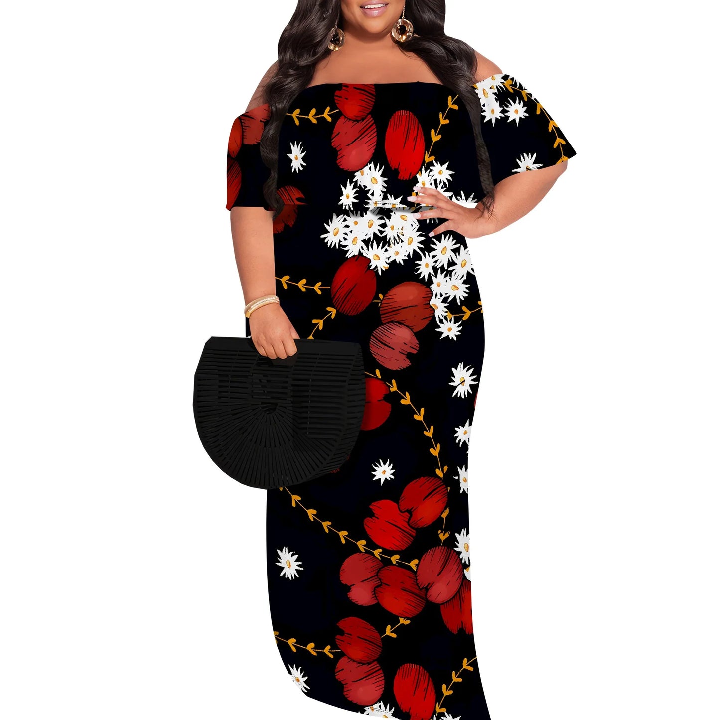 Plus Size Elegant Off Shoulder Dress for Women Blue Floral Print Summer Holiday Look