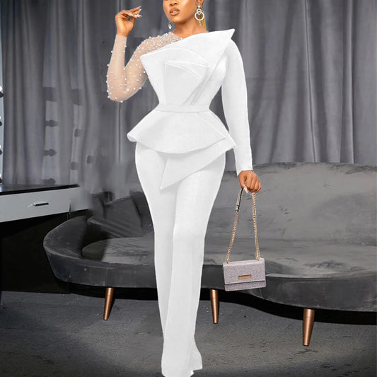 Elegant Jumpsuits & Rompers for Women 2025 White Black Beaded High Waisted Luxury Fashion Birthday Party Long Overalls Clothes