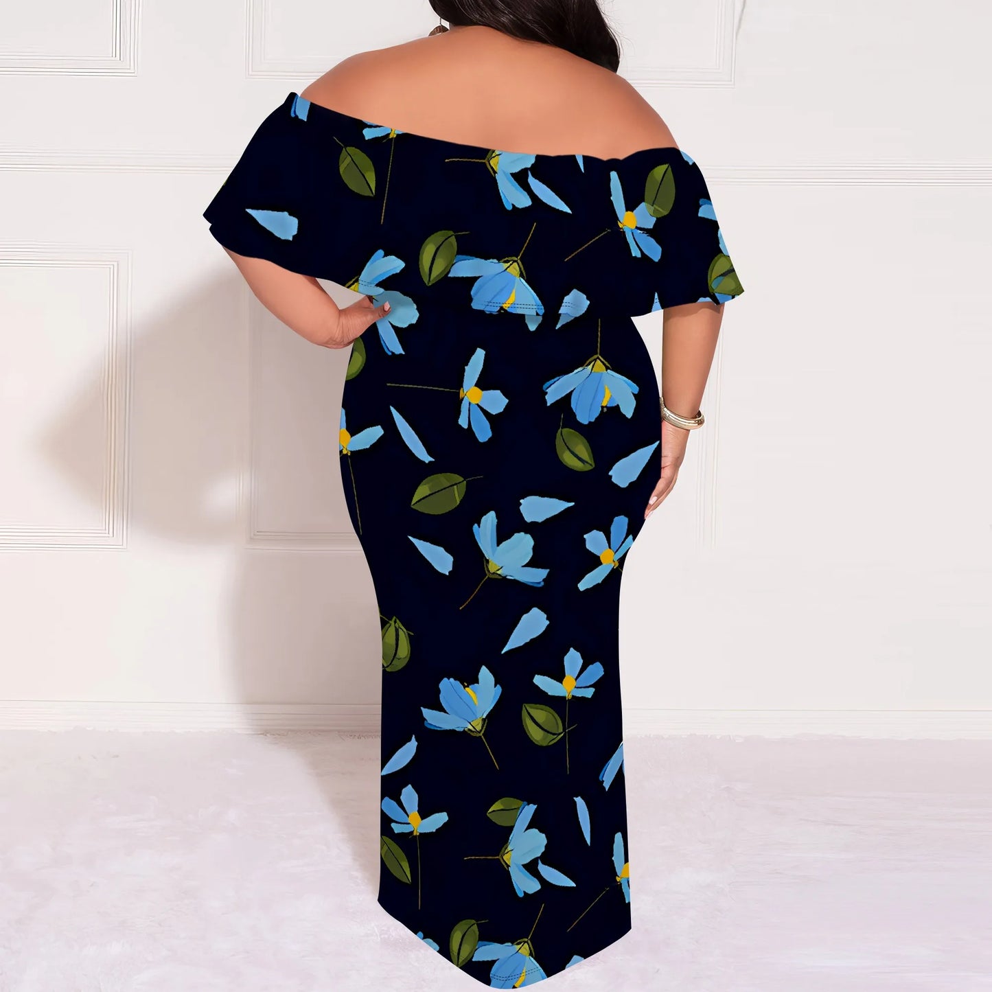 Plus Size Elegant Off Shoulder Dress for Women Blue Floral Print Summer Holiday Look
