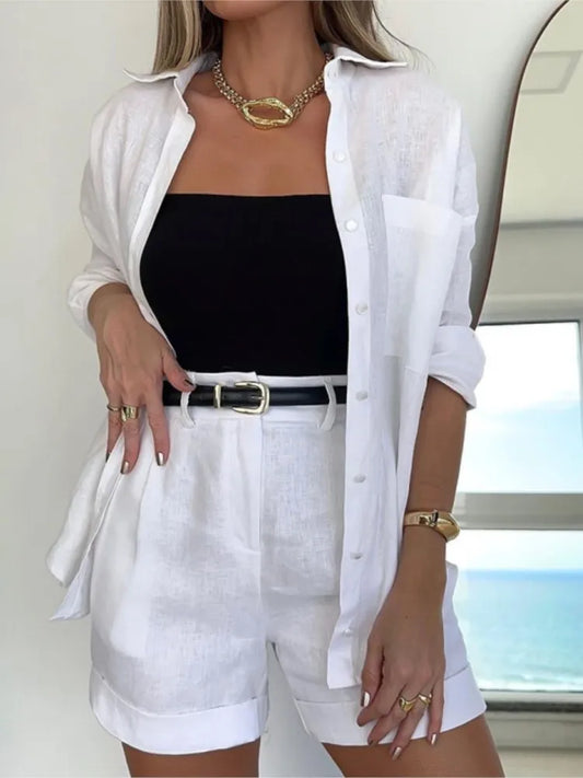 Fashion Casual Sleeve Top Belt Short Set