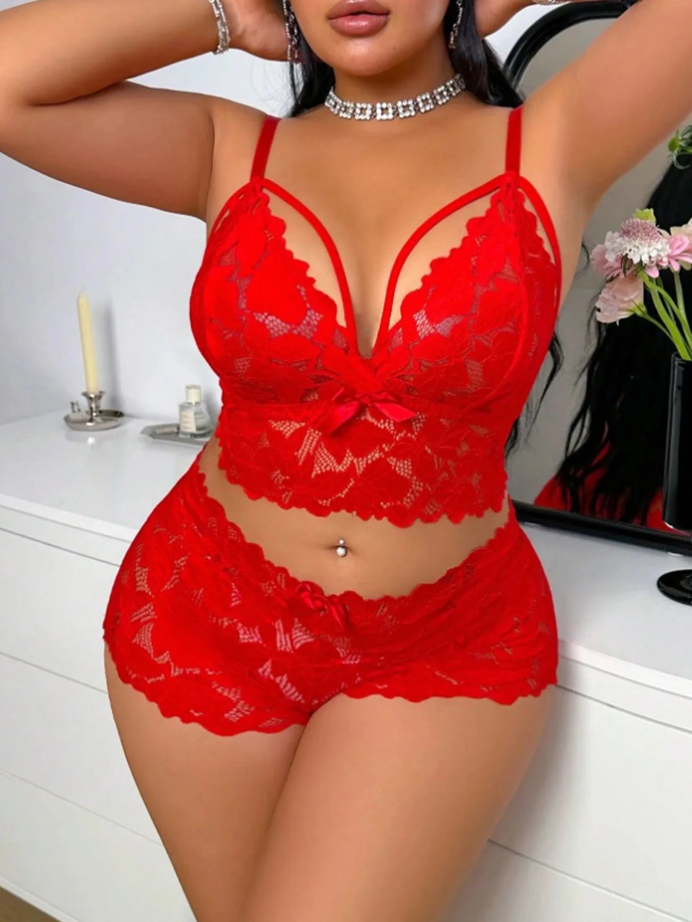 Plus size sexy lace lingerie set, two-piece, with lace see-through bow decorations, lingeries sexy hot, A gift for a female