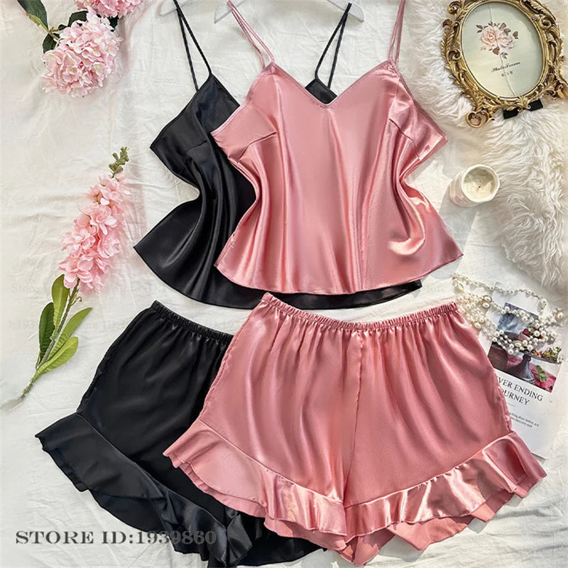 Plus Size 3XL 4XL 5XL Pajamas 2Pcs Set Sexy Strap Top&shorts Pijamas Suit Lingerie Summer Satin Sleepwear Print Flower Homewear