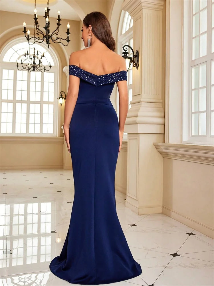 Plus Size Luxury Sexy off-shoulder V-Neck Evening Dress Women Elegant Party Maxi Dress Sequins  Prom Graduation Cocktail Gowns
