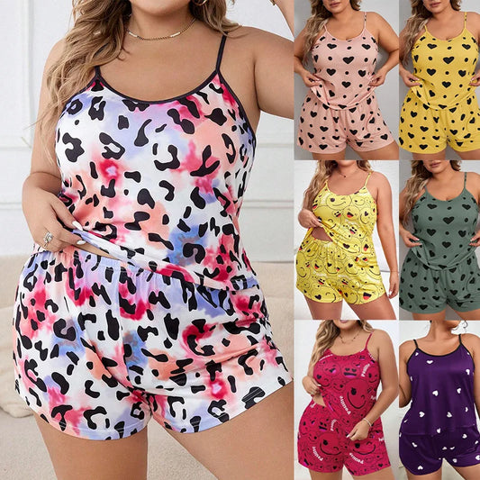 Plus Size Strap Pajama Set For Women Sexy Tank Tops+Shorts Suit Female XL-5XL Leisure Loose Home Clothes Printed Pattern Pajamas