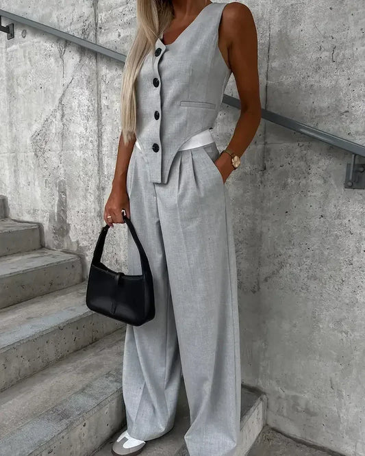 Summer Autumn Two Piece Set for Women 2025 Fashion Sleeveless Striped Vest Blazer Top and Ruched Wide Pants Set for Office Suit