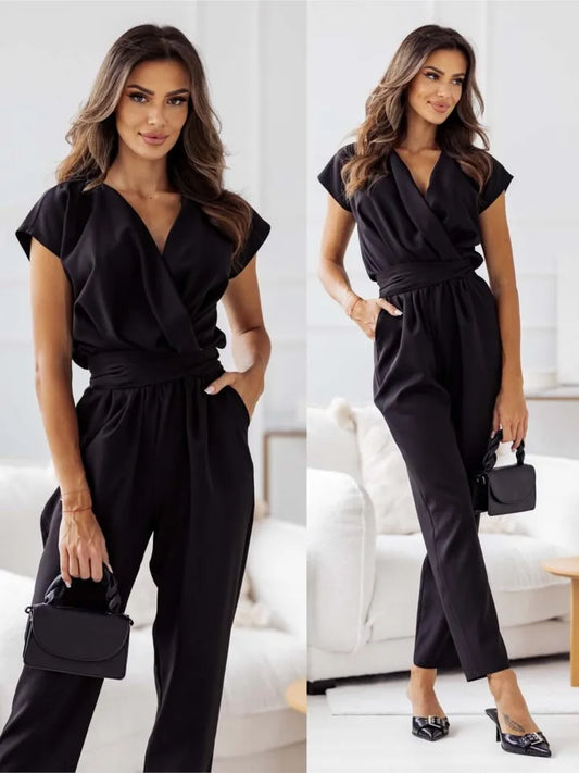 Summer Office Lady Jumpsuit Fashion Solid Color Short Sleeve Long Pants Jumpsuits For Women Casual Overalls Elegant Jumpsuit