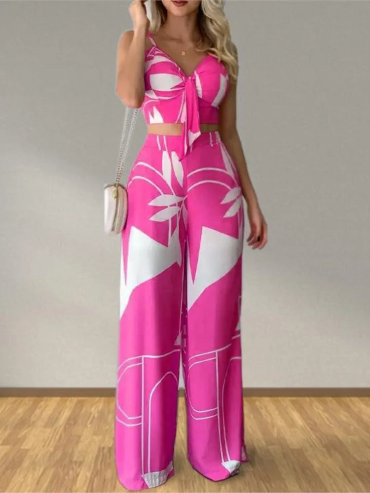 Elegant Two Piece Outfits For Women 2025 Sexy V-Neck Strap Backless Lace-up Slim Crop Top & Wide Leg Pants Sets Summer Lady Suit