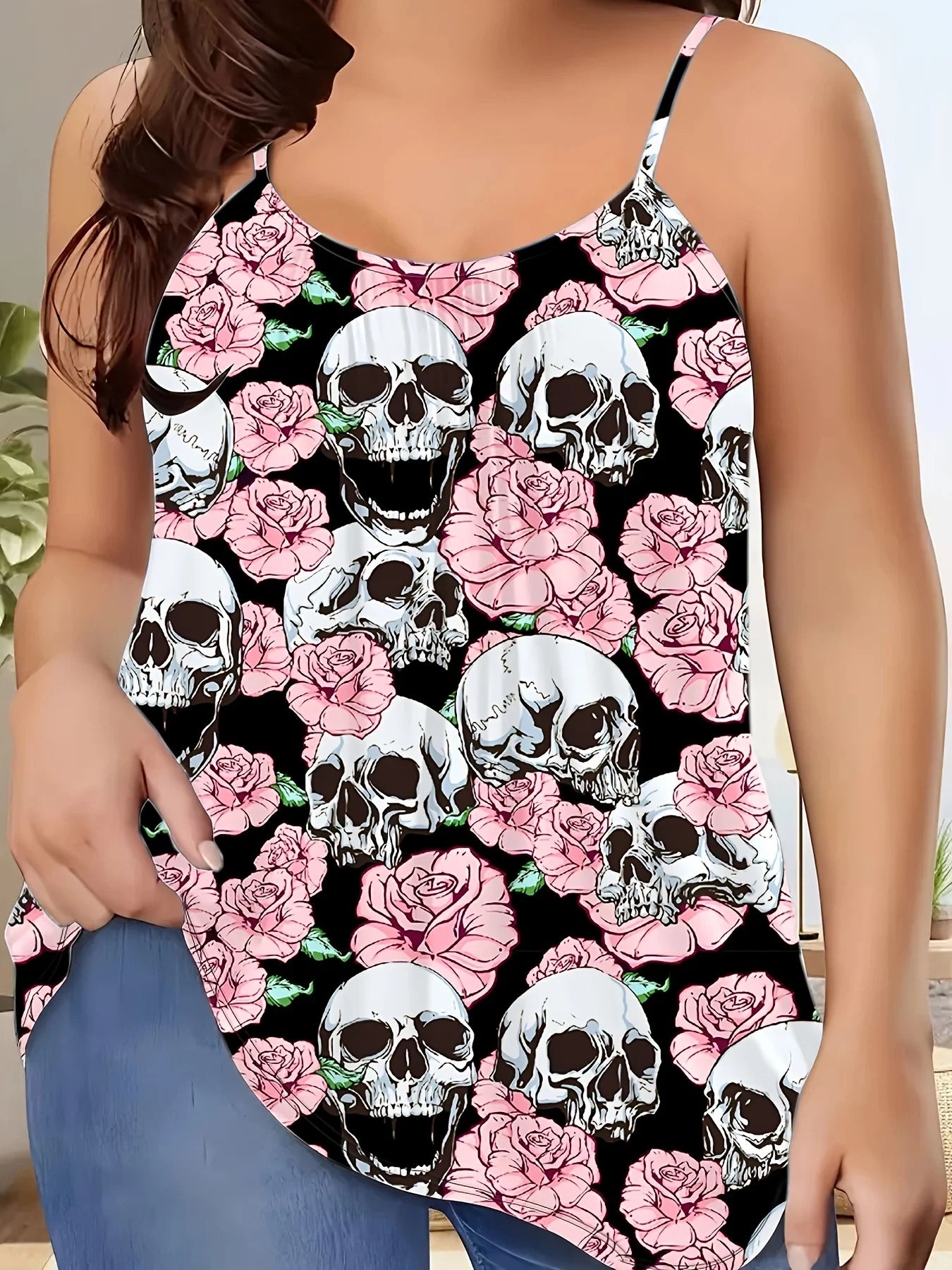 Plus Size Women's Sleeveless T-Shirt - 2025 Summer Skull Print Loose Fit Tank, Gothic Y2K Streetwear Top for Curvy (1XL-5XL)