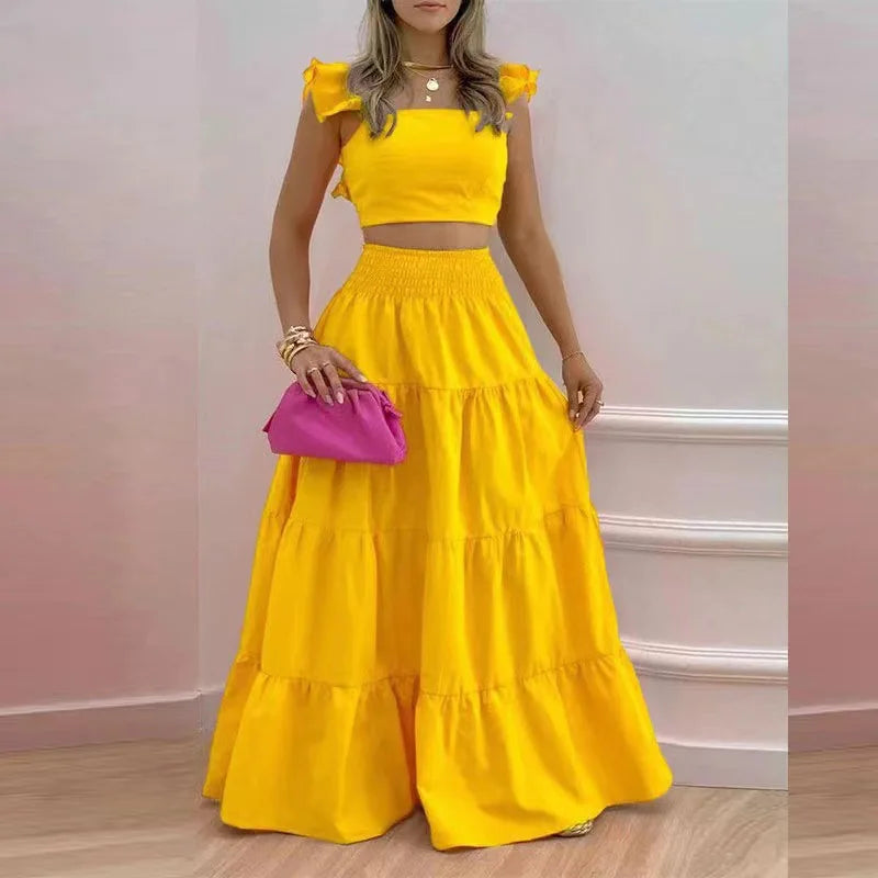 Dress Set Two-piece Women's Clothing Solid Color Sexy Suspender Large Swing Skirt Short Sleeved Square Neck Top Summer Outfits
