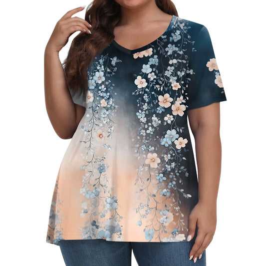 Plus size summer loose t shirt women's fashion casual v neck pullover short sleeve large size floral printed t-shirts top