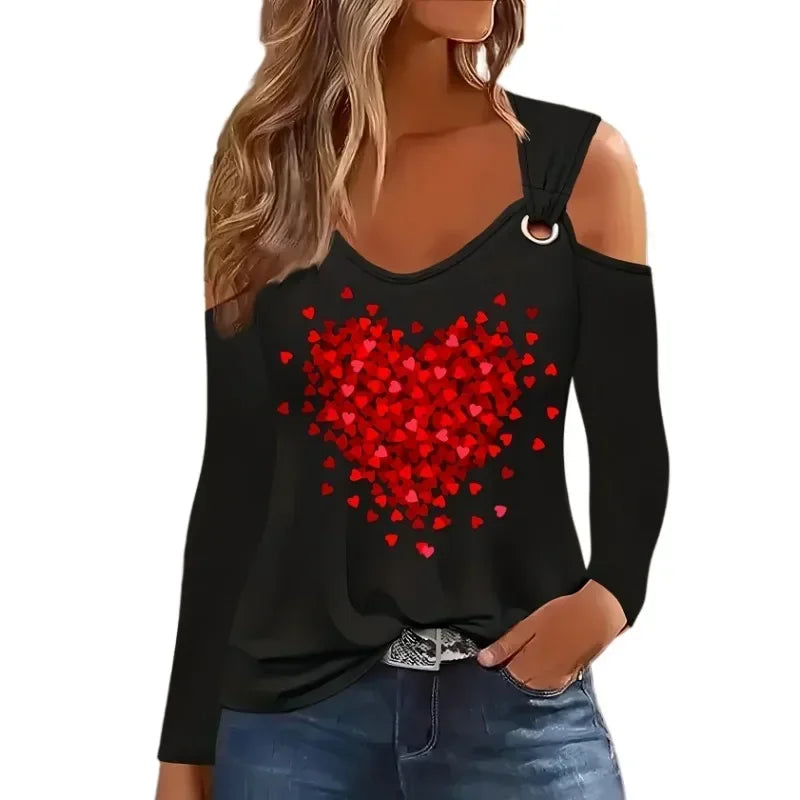 Plus Size Women Fashion 1XL-5XL T-shirt Women's Sexy Off The Shoulder T-shirt Ladies Love Printed Fashion Long Sleeved Top