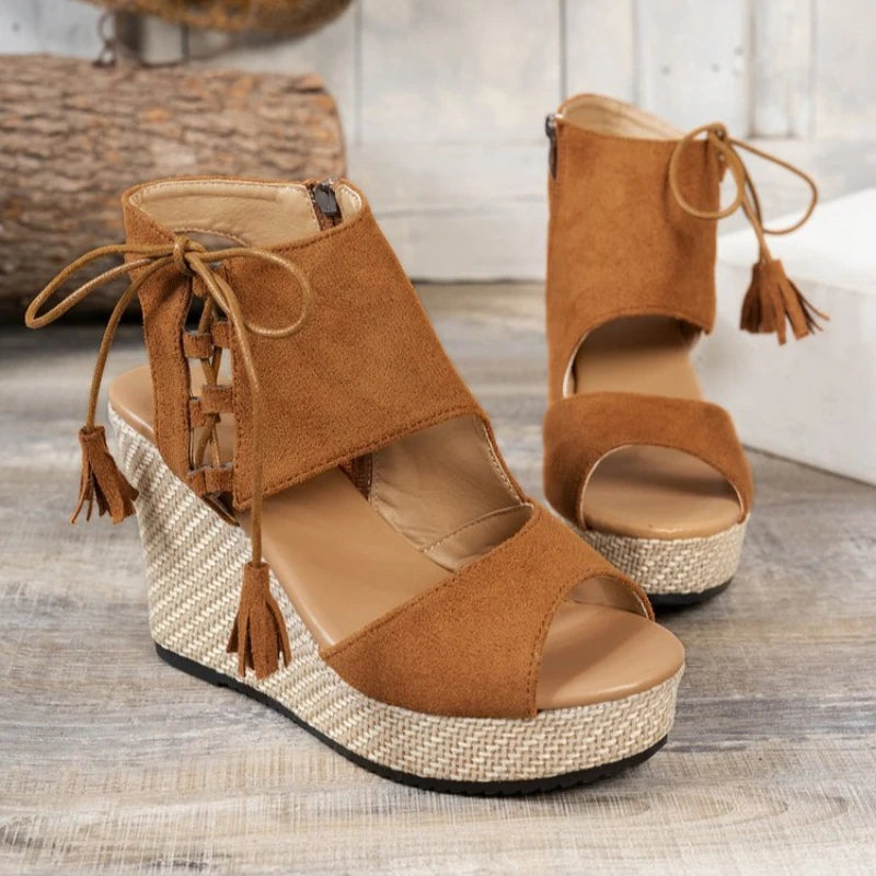 Summer Khaki Suede Leather Women's Thicken High Heels Hollow Out Sandals Sexy Elegant Platform Wedges Open Toe Ladies Shoes