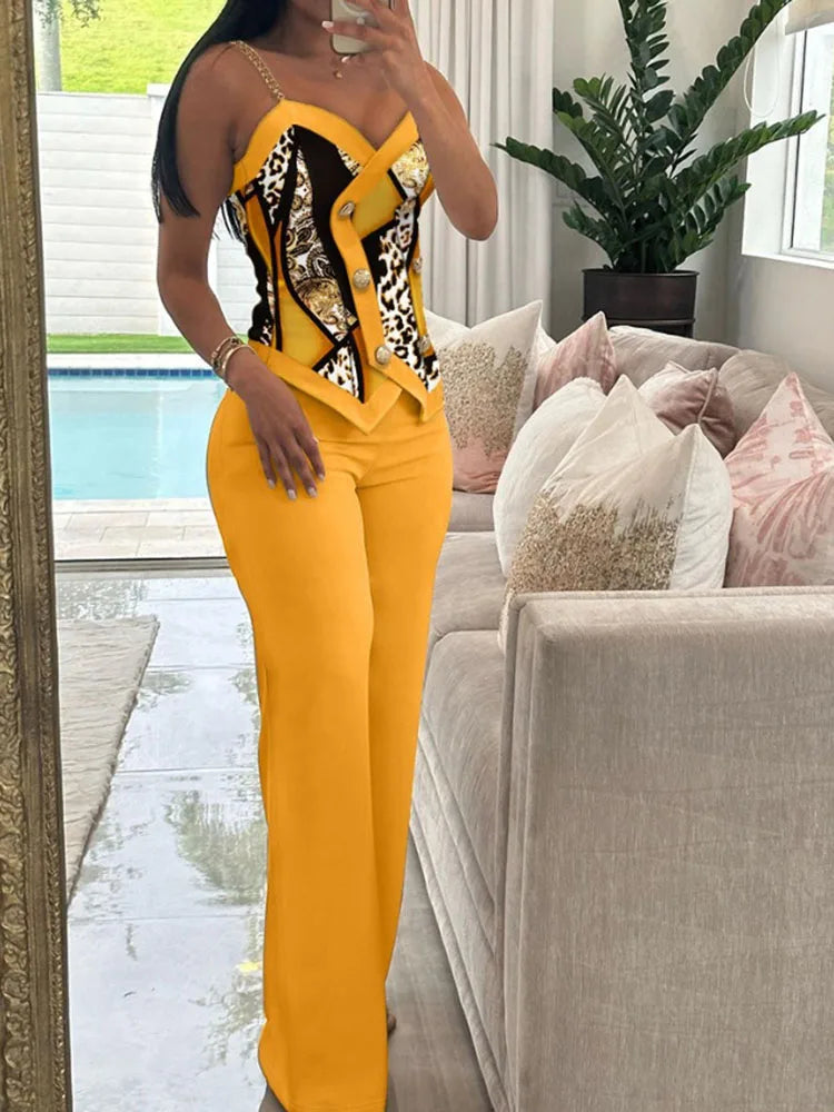 Sexy Women's 2-Piece Suit Summer Fashion Double Breasted Chain Strap Slim Top Straight Leg Long Pants Set For Women Sports Suit