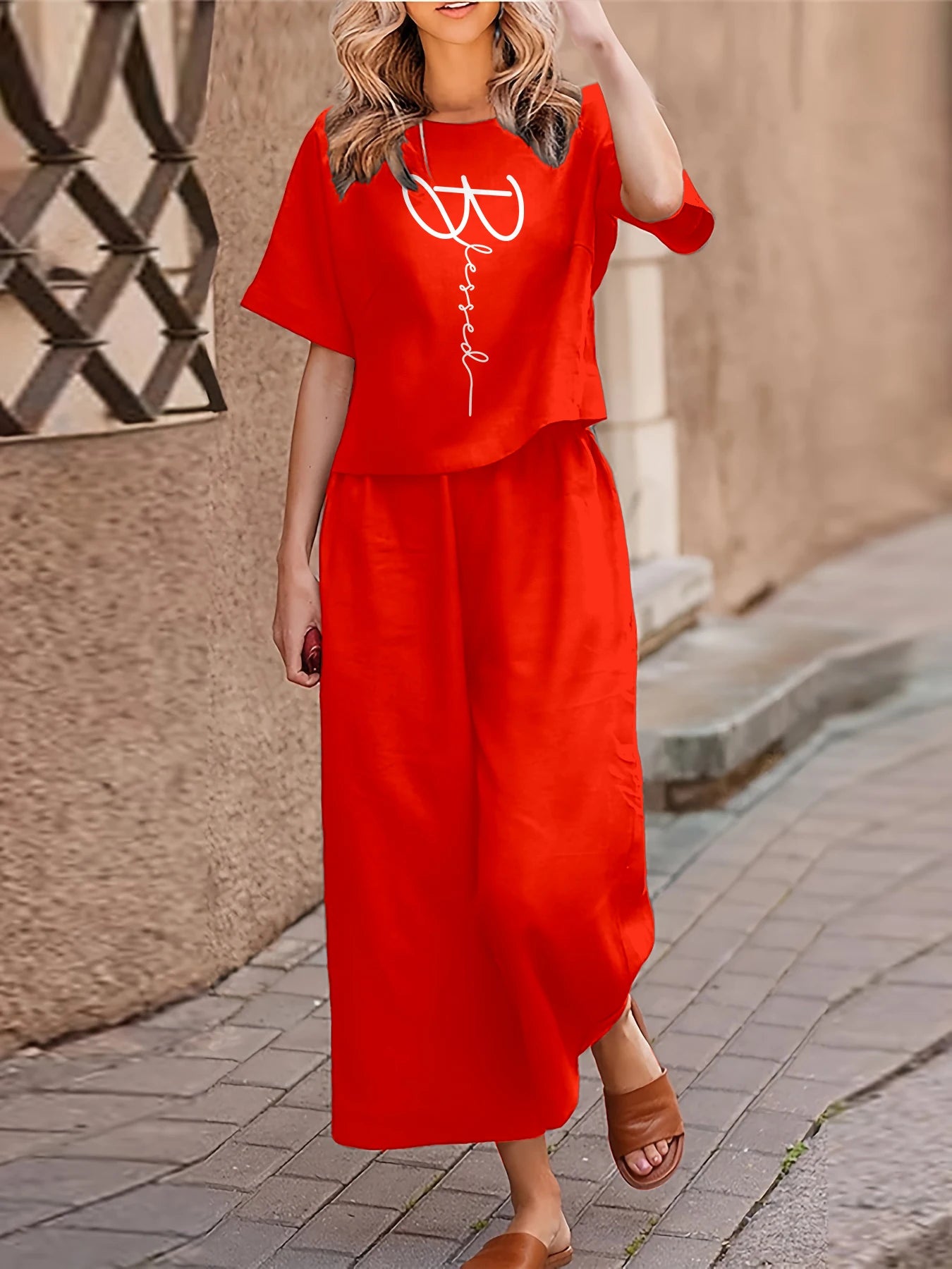 Plus Size Women's Casual Two-piece Set Suit Printed Short-sleeved T-shirt Trousers Two-piece Set Loose Crewneck