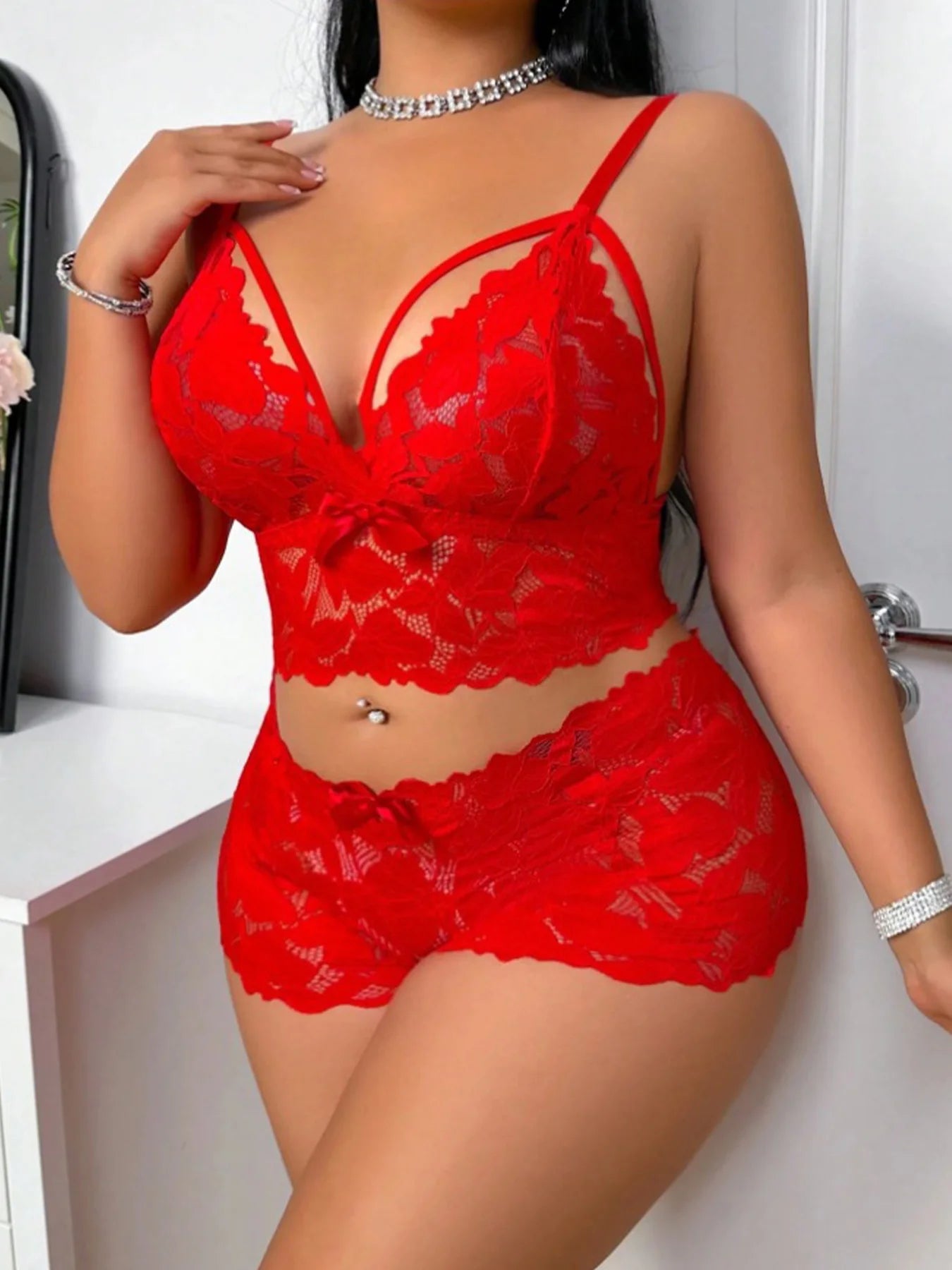 Plus size sexy lace lingerie set, two-piece, with lace see-through bow decorations, lingeries sexy hot, A gift for a female