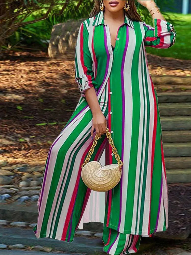Elegant 2-piece Sets for Women Fall Winter Outfits Pants Suit with Long Shirt Blouse Full Sleeve Striped Plus Size Matching Sets
