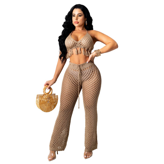 Sexy Bra Crop Top Pants Hollow Out Set