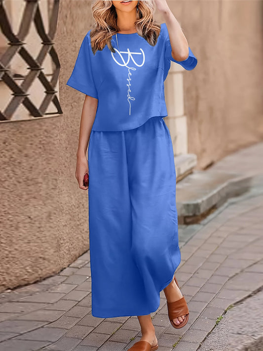Plus Size Women's Casual Two-piece Set Suit Printed Short-sleeved T-shirt Trousers Two-piece Set Loose Crewneck