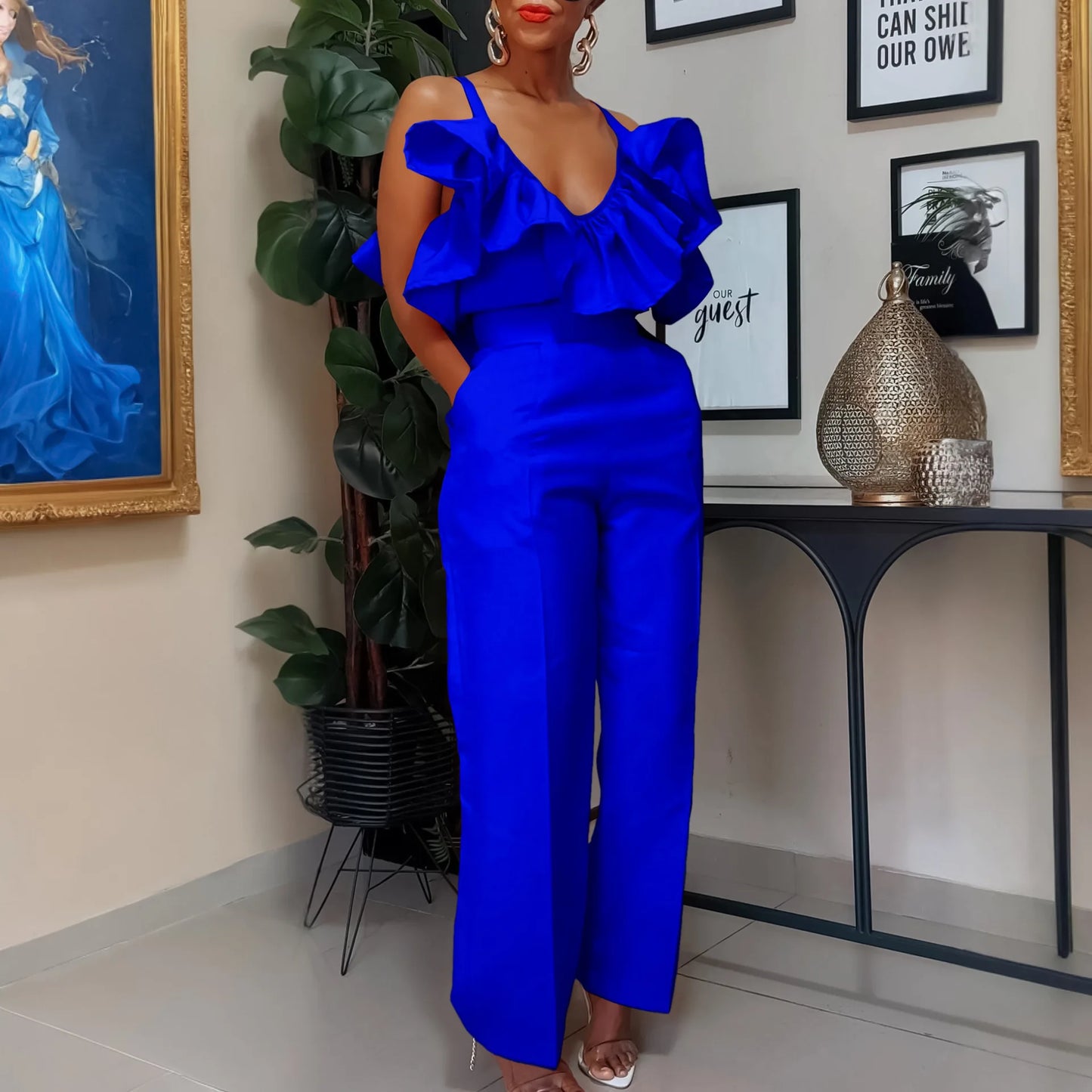 Women Two Pieces Set V Neck Strap Crop Tops Ruffles High Waist Pants Sexy Female Suit Summer Fashion Party New 2025
