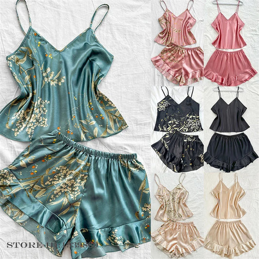 Plus Size 3XL 4XL 5XL Pajamas 2Pcs Set Sexy Strap Top&shorts Pijamas Suit Lingerie Summer Satin Sleepwear Print Flower Homewear