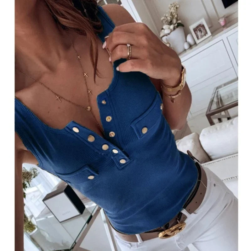 S-5XL New Casual Vest Blouse Ladies Fashion Tank Tops Summer Women's Fashion Slim Sexy Button Shirt Cotton Sleeveless T-shirt