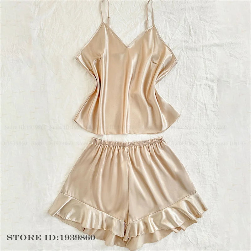 Plus Size 3XL 4XL 5XL Pajamas 2Pcs Set Sexy Strap Top&shorts Pijamas Suit Lingerie Summer Satin Sleepwear Print Flower Homewear