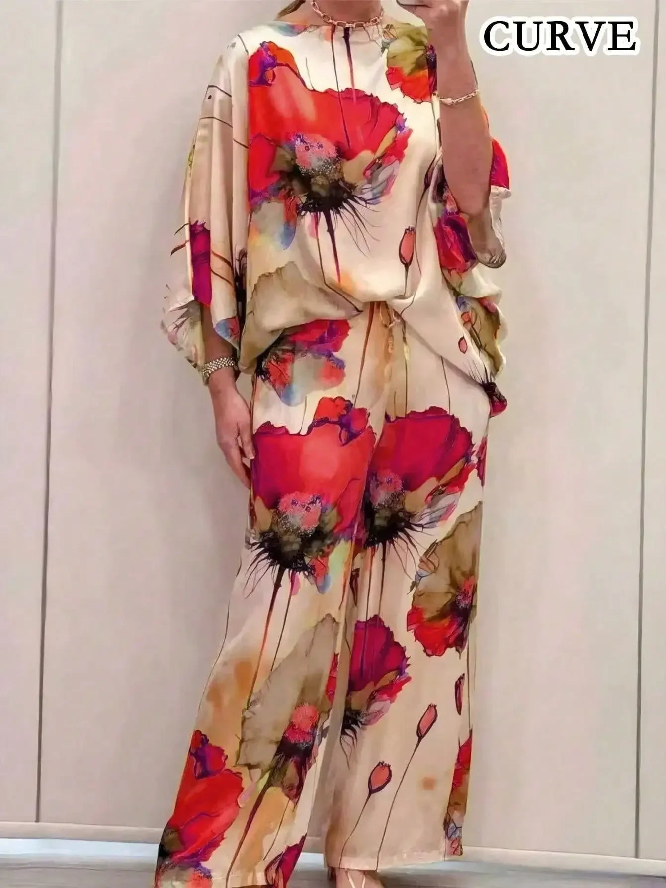 Plus Size 1XL-5XL Women Relaxed Fashion Floral Print Round Neck Top Long Pants Sets Ladies Casual Two-pieces Sets