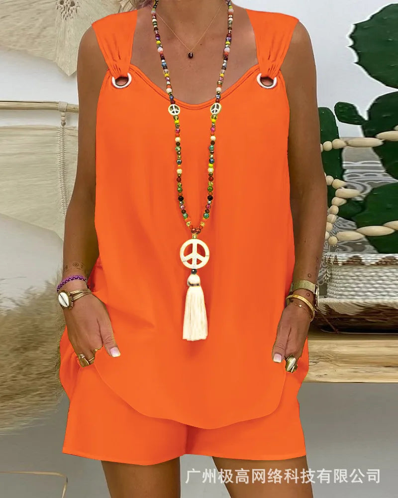 Summer Casual Sleeveless Tank Shorts Women Suits Loose T-shirt Top Two Piece Set Outfit Fashion Boho Beach Holiday Sets Female
