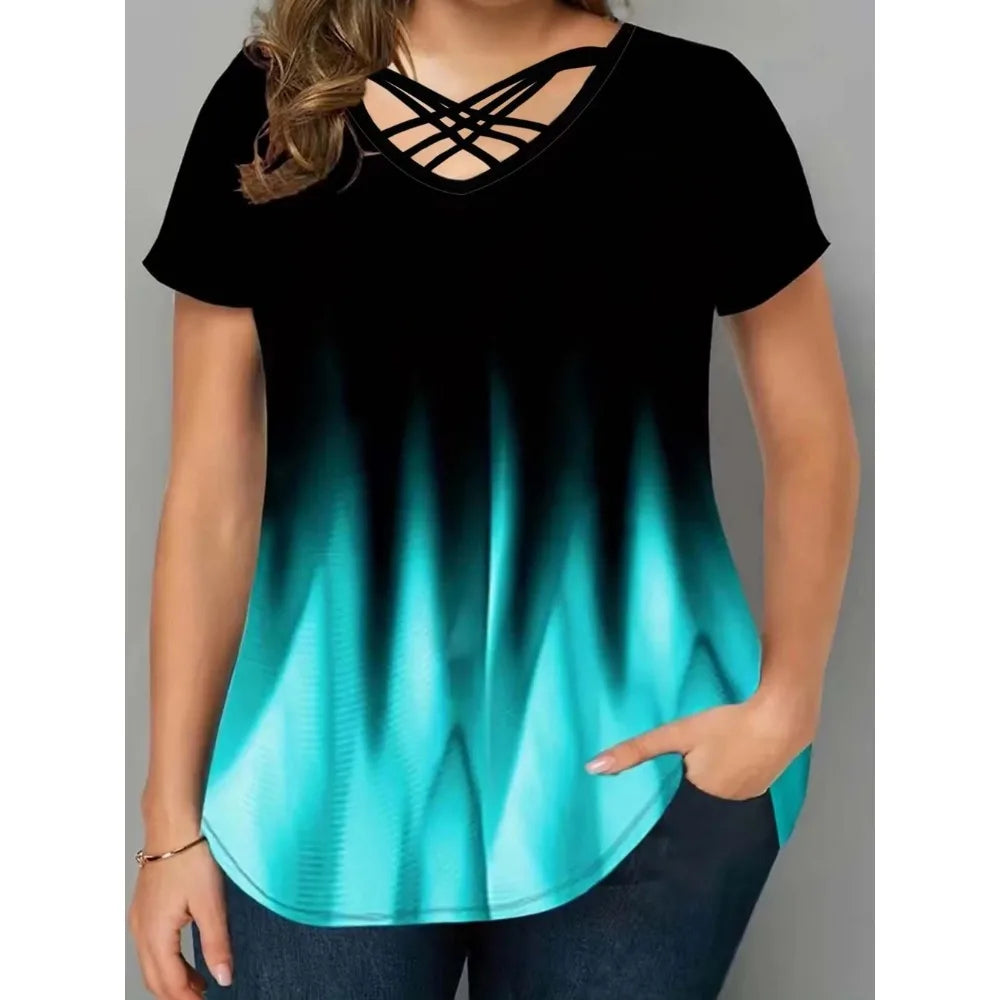 Plus Size 1XL-5XL Women Fashion Half Sleeve T-Shirt Printed Gradient BeltT-shirt Women'sCasual Color Gradient V-neck Cross Shirt