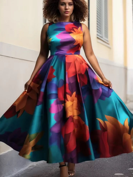Plus Size Women Floral Printing Dress Sleeveless Round Neck Satin A-line Female Elegant Fashion Summer Dresses 2025