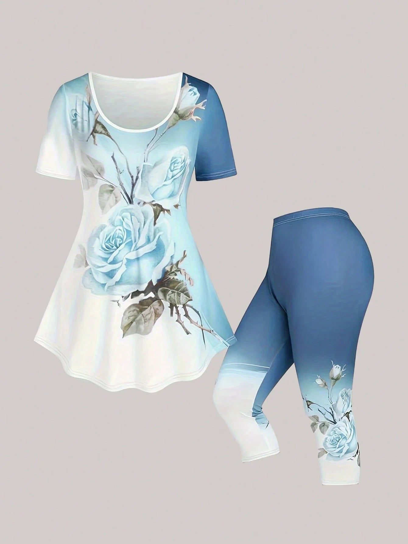 Plus Size Floral Print Two-piece Set, Crew Neck Short Sleeve Top & Skinny Capri Pants Outfits, Women's Plus Size Clothing