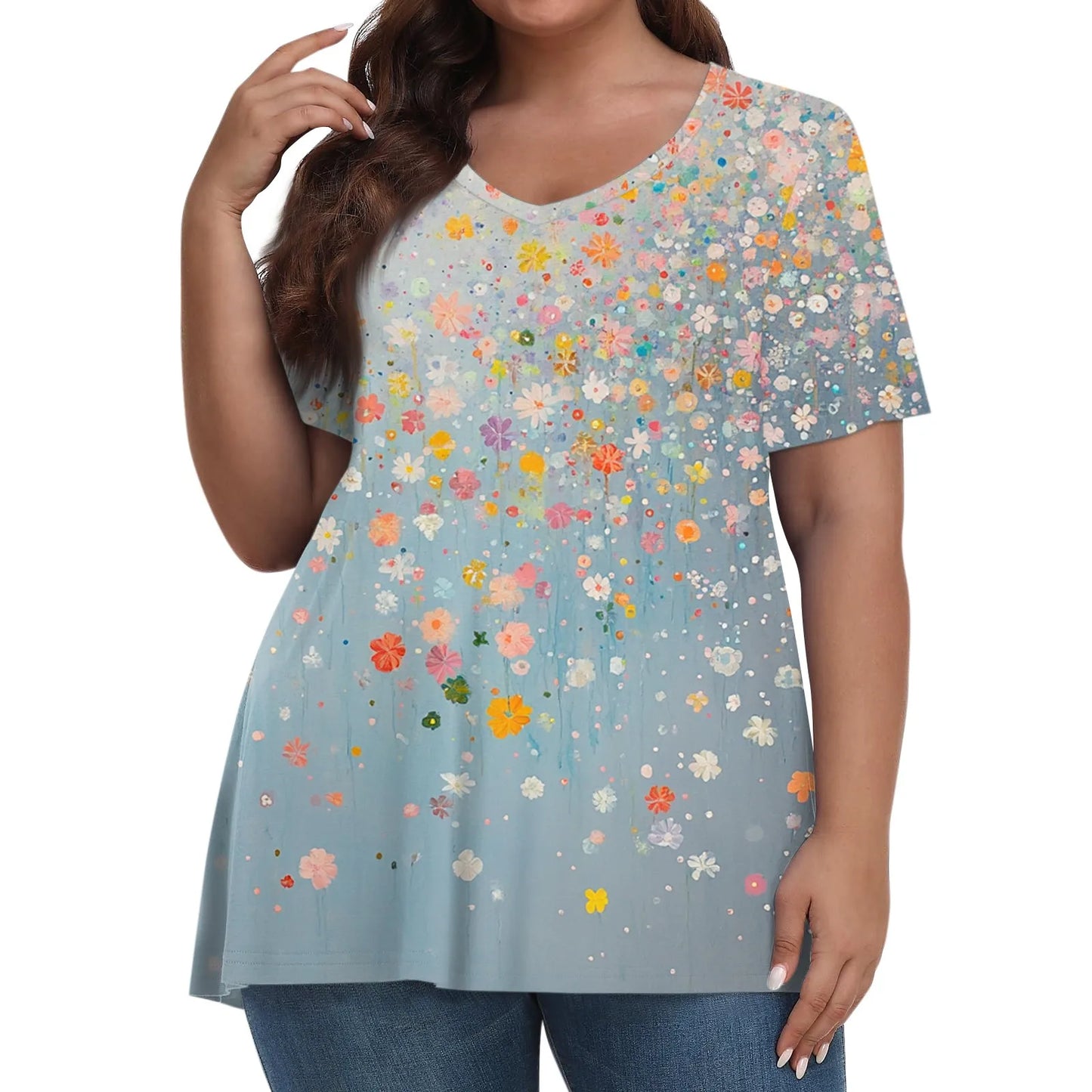 Plus size summer loose t shirt women's fashion casual v neck pullover short sleeve large size floral printed t-shirts top