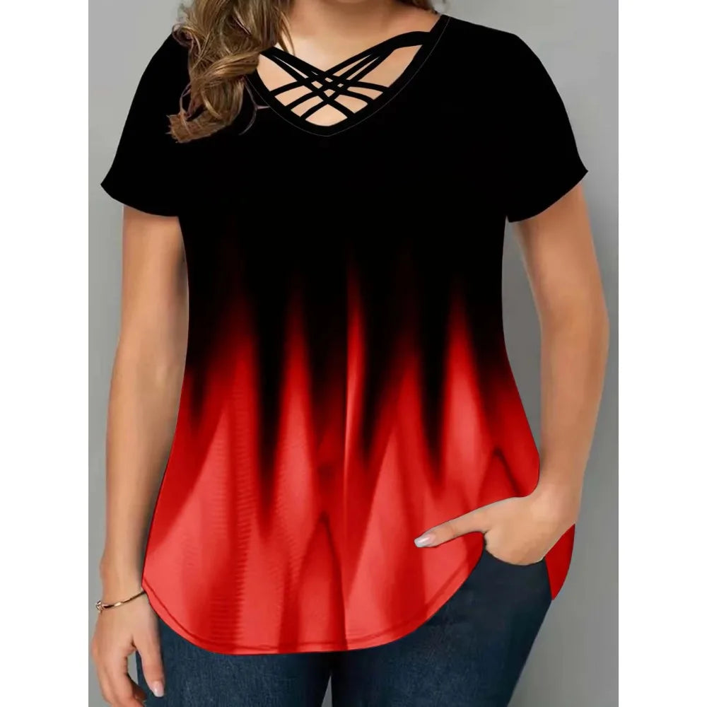 Plus Size 1XL-5XL Women Fashion Half Sleeve T-Shirt Printed Gradient BeltT-shirt Women'sCasual Color Gradient V-neck Cross Shirt