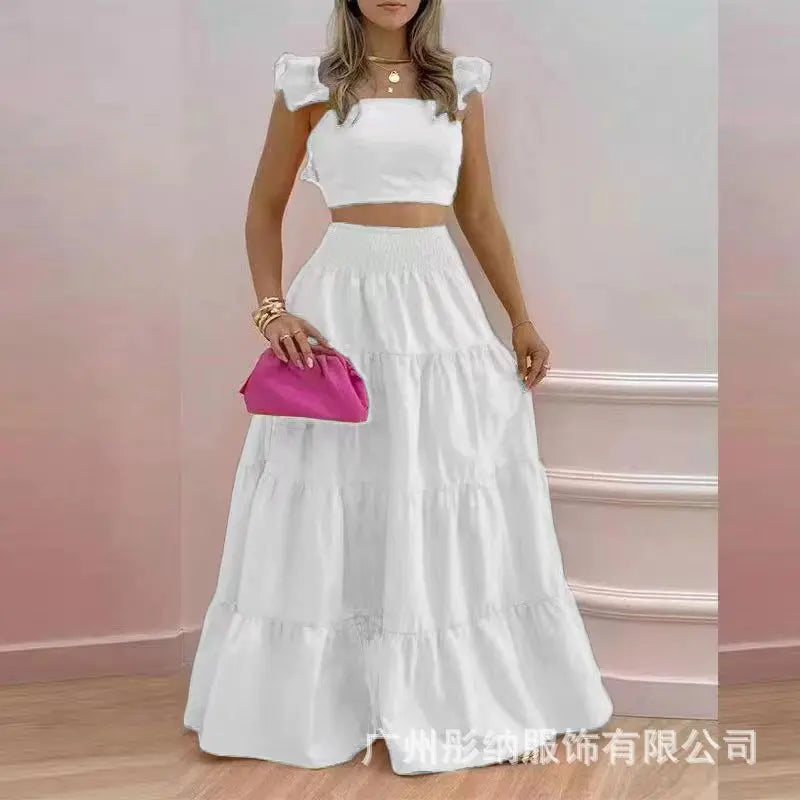 Dress Set Two-piece Women's Clothing Solid Color Sexy Suspender Large Swing Skirt Short Sleeved Square Neck Top Summer Outfits