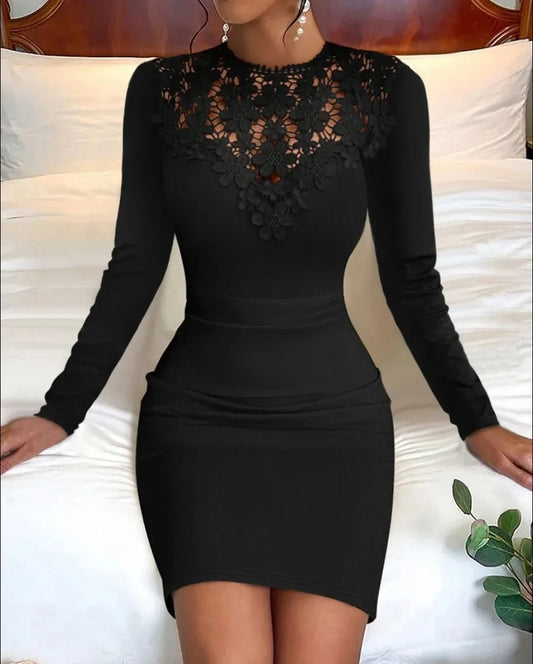 Sexy Lace Patchwork Bodycon Mini Dress Women Fashion O-neck Long Sleeve Solid Dresses Autumn Winter Hollow Out Skinny Robe Femme