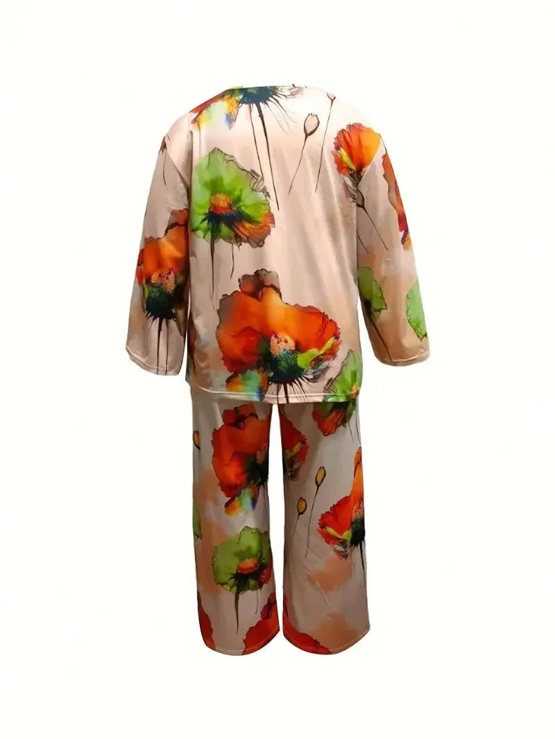 Plus Size 1XL-5XL Women Relaxed Fashion Floral Print Round Neck Top Long Pants Sets Ladies Casual Two-pieces Sets