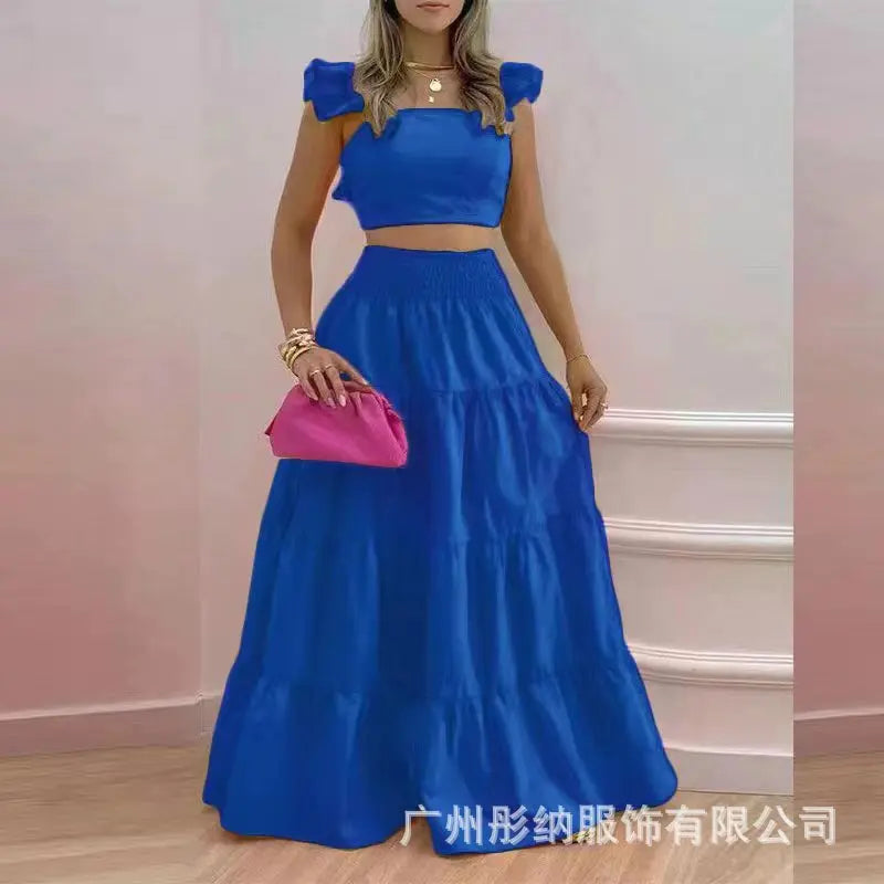 Dress Set Two-piece Women's Clothing Solid Color Sexy Suspender Large Swing Skirt Short Sleeved Square Neck Top Summer Outfits