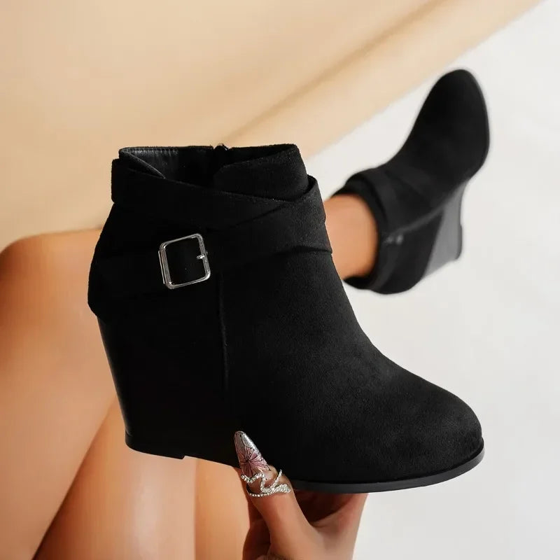 Suede Side Zip Ankle Wedge Boots