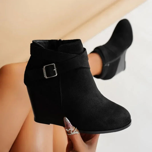 Suede Side Zip Ankle Wedge Boots