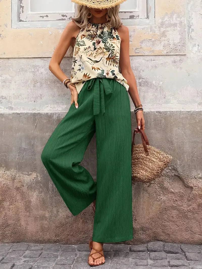 Fashion Printed Sleeveless Top Pants Two-piece Set For Spring Summer New Sexy Hanging Neck Vest Pants Women's Set