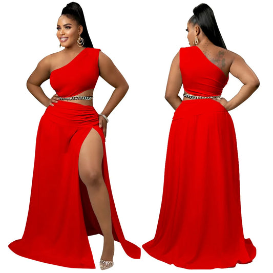 One Shoulder Top Side Split Skirt 2 Pieces Set