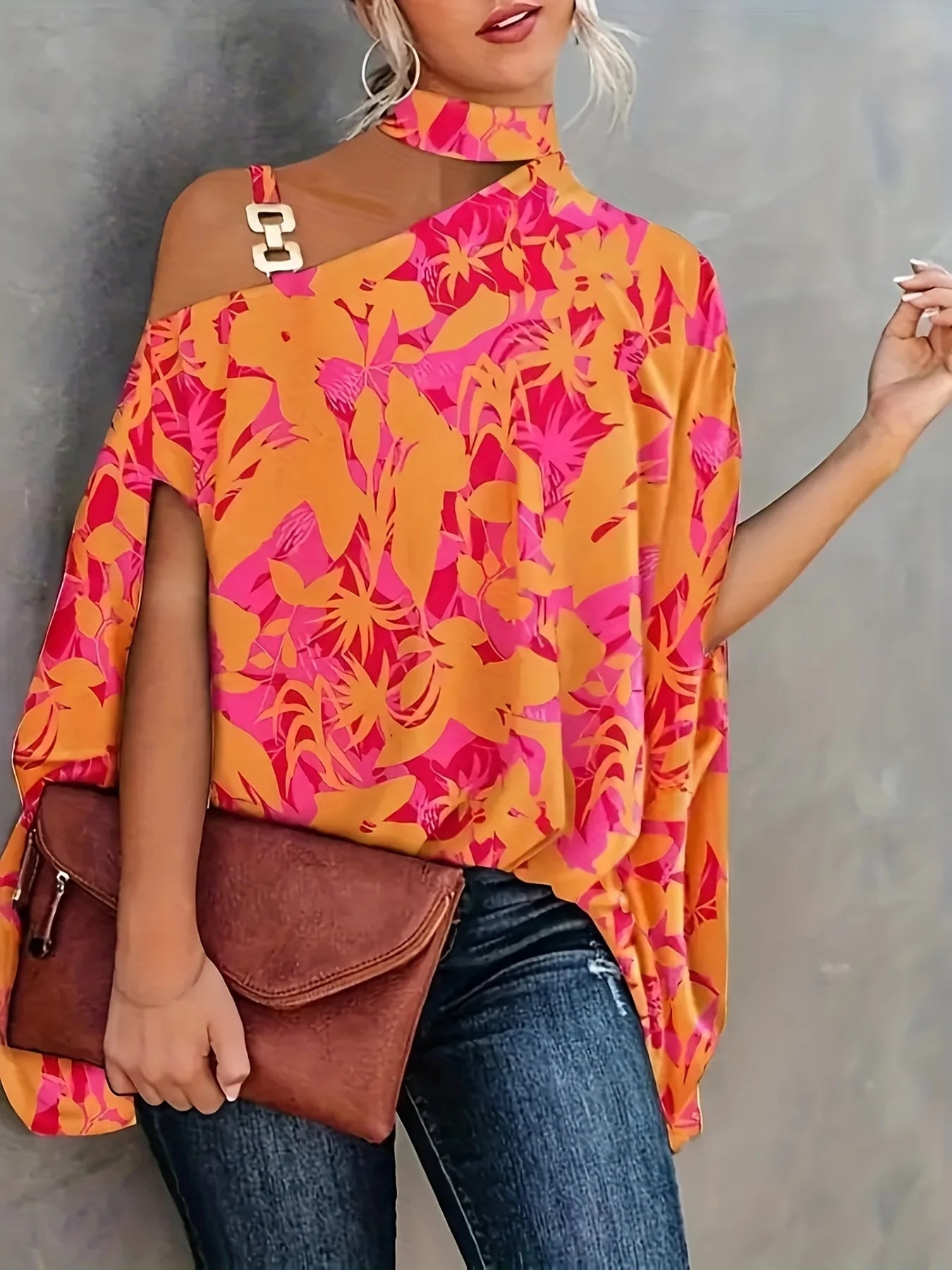 Plus Size Sexy Halter Loose Blouse Tops Women's Elegant Print Off Shoulder Batwing Sleeve Pullover Shirt 2023 Summer Fashion Str