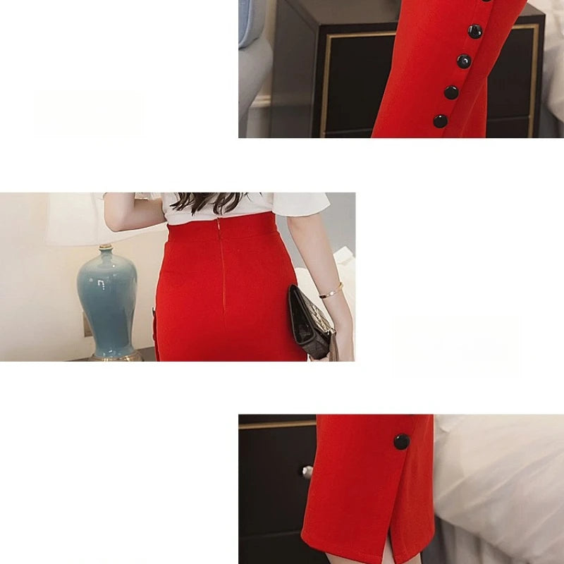 Summer Elegant Midi Skirt Women Skirt 5XL Plus Size Sexy Slit Women's Versatile Bodycon Pencil Skirt Fashion Button Streetwear