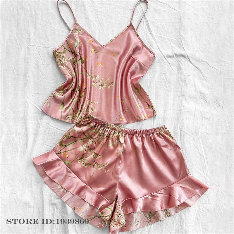 Plus Size 3XL 4XL 5XL Pajamas 2Pcs Set Sexy Strap Top&shorts Pijamas Suit Lingerie Summer Satin Sleepwear Print Flower Homewear